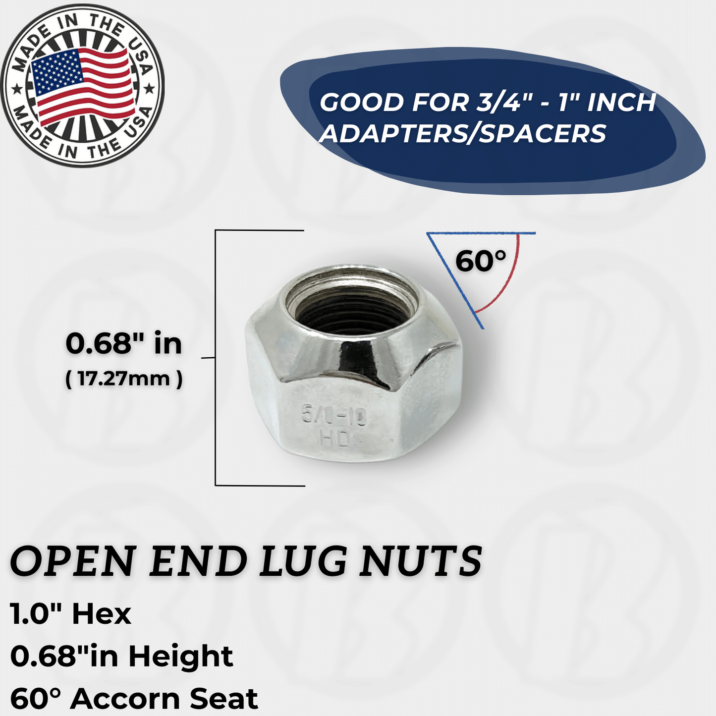 8 pc | 5/8-18 R.H. Open End Chrome Lug Nuts Acorn